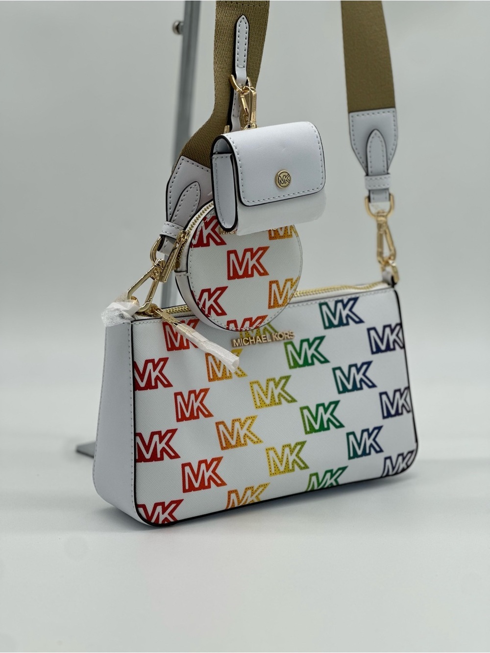 Michael Kors White Crossbody Bag with Rainbow MK Logo and Pouch